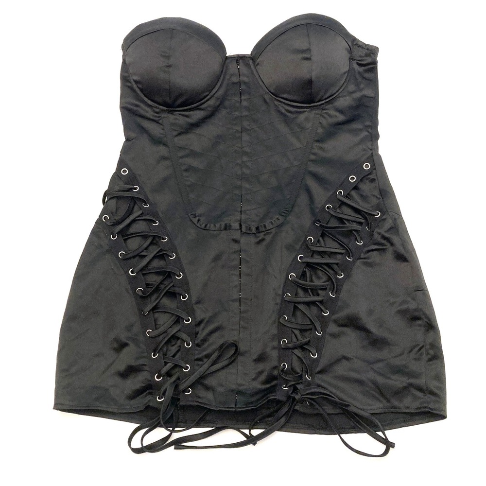 Pretty Little Thing Dress Black Satin Boned Lace Up Bodycon Womens Petite US 10